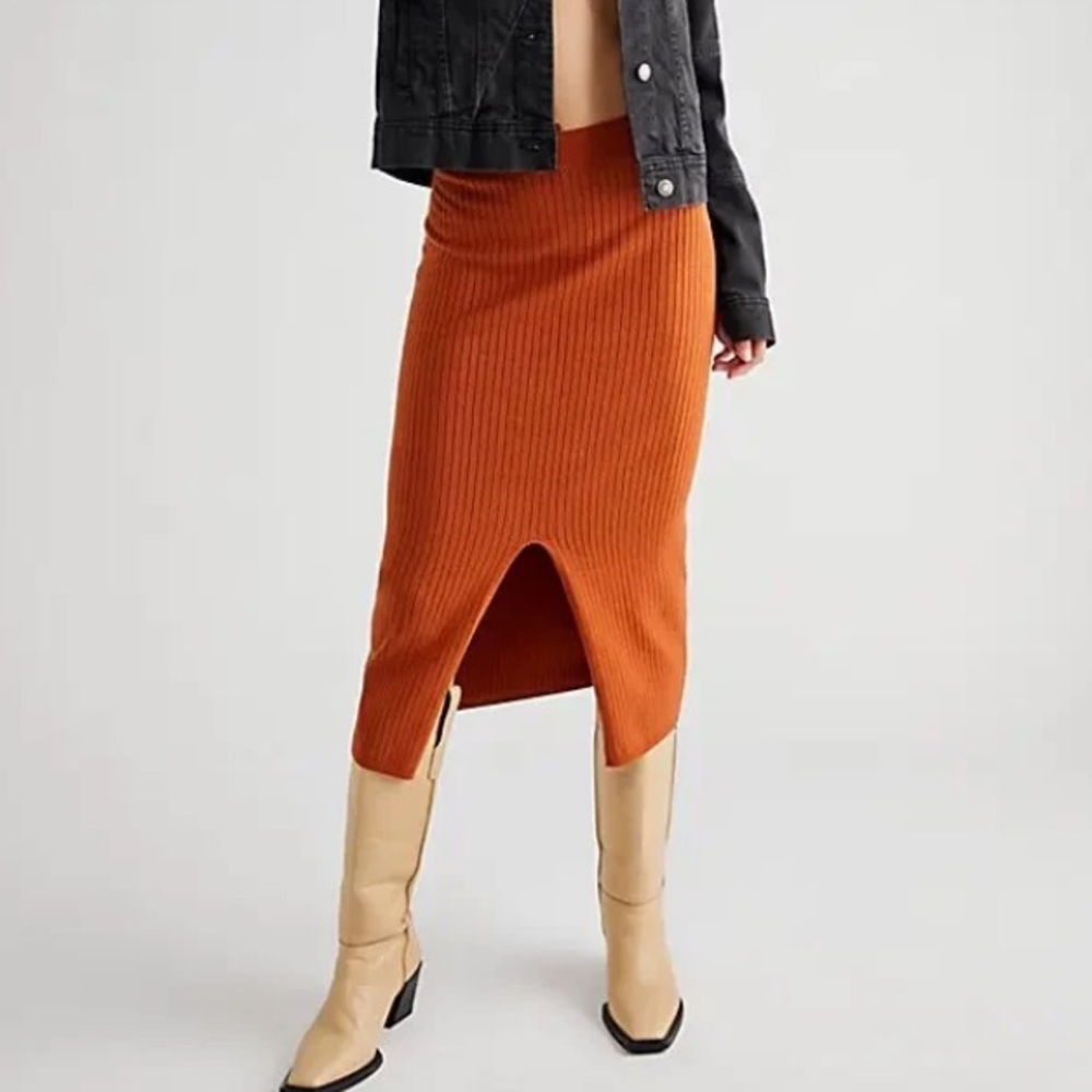 Free People Orange Ribbed Midi Skirt